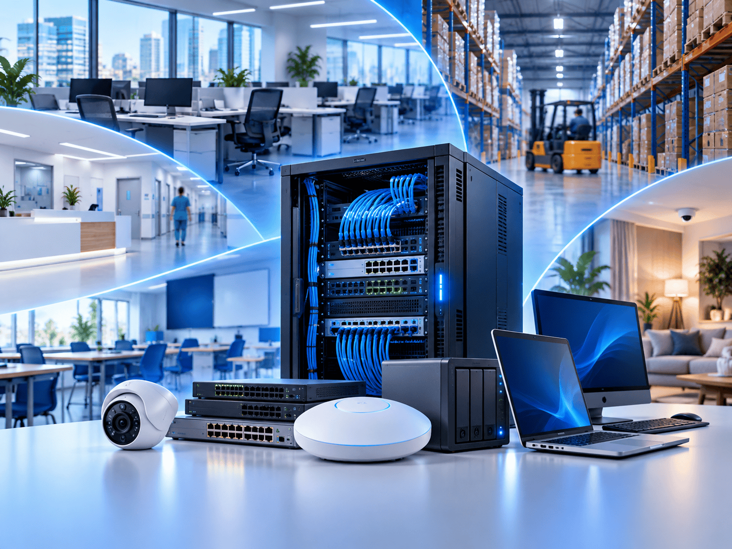 Escena tecnológica moderna que representa soluciones de conectividad, seguridad y soporte para distintos sectores como oficinas, comercios, industria, educación y espacios profesionales.
