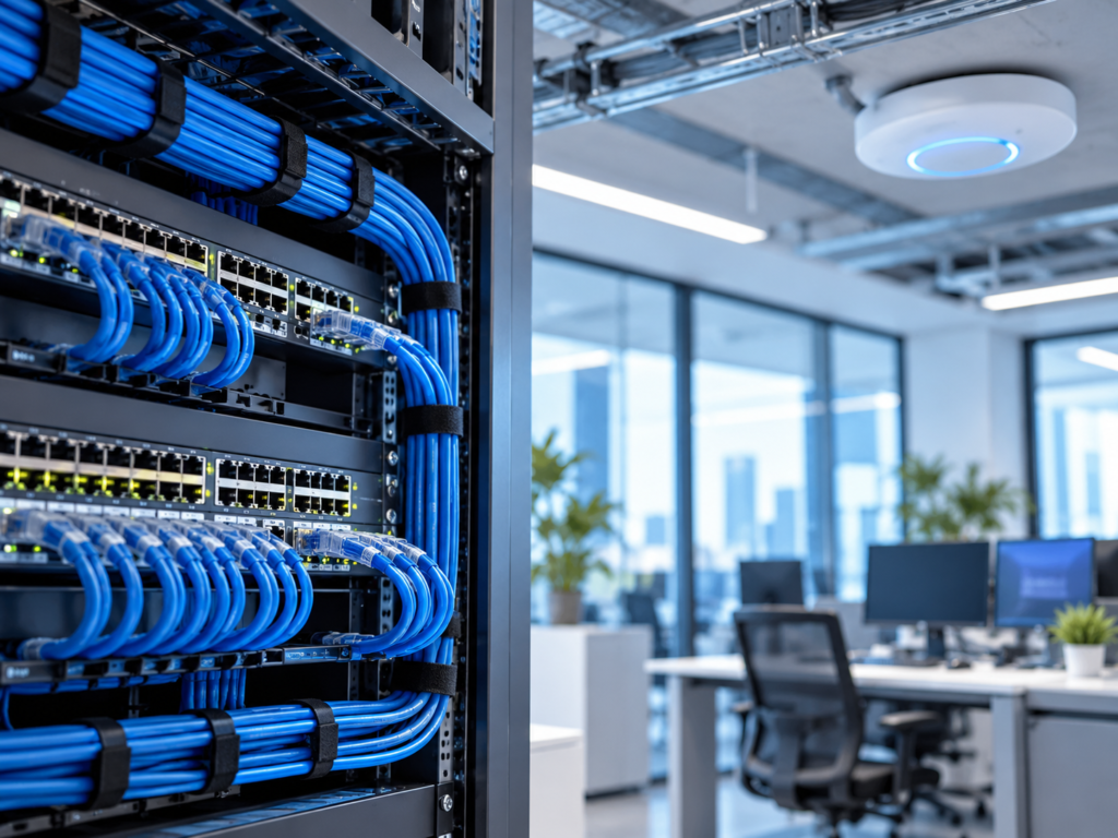 Infraestructura de red empresarial con cableado, switches y Wi-Fi administrada por SERSO