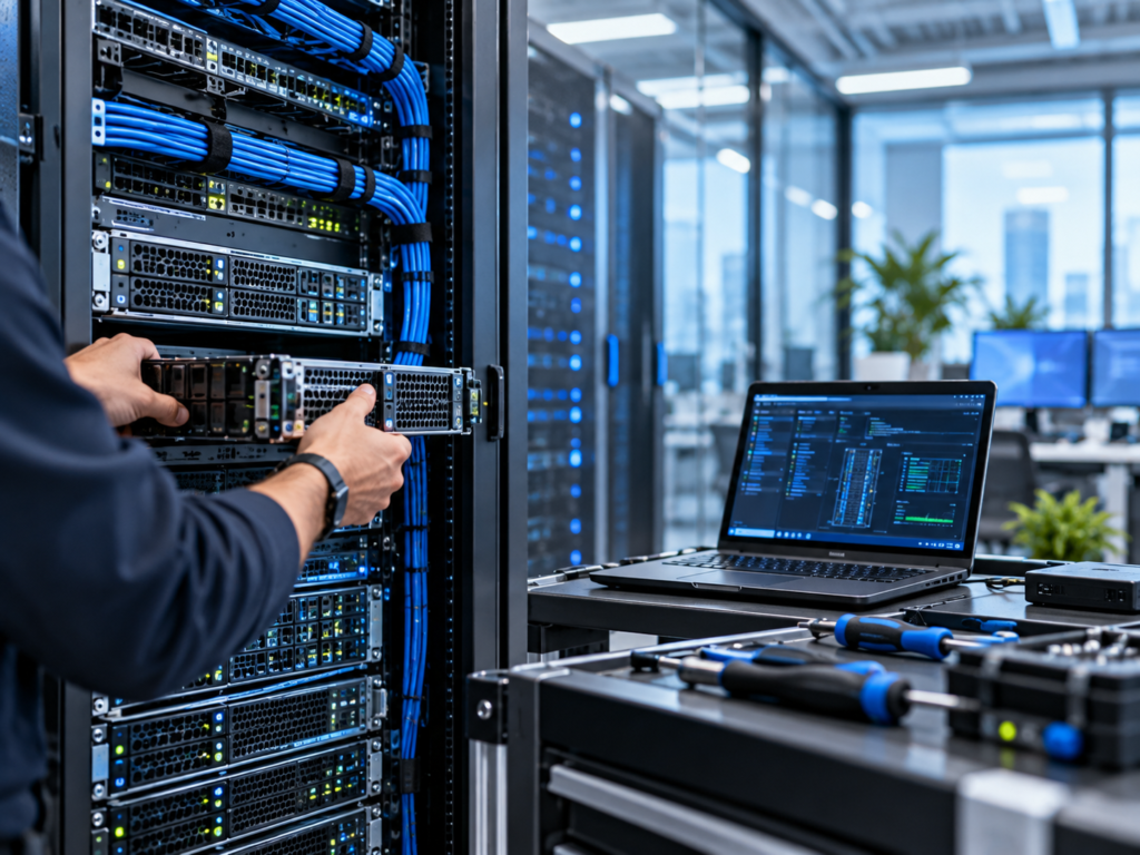 Soporte técnico e infraestructura TI con servidores, herramientas y equipo empresarial