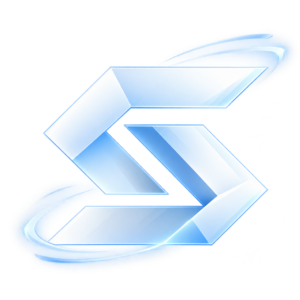 emblema cristalino futurista con destellos orbitales