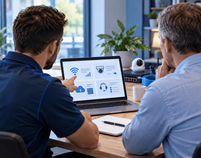 Dos personas en una oficina revisan una solución tecnológica en una laptop, mostrando atención personalizada y análisis de necesidades del cliente.