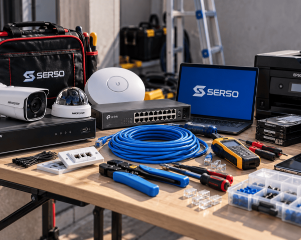 Mesa de trabajo con cámaras CCTV, DVR, switch de red, cableado, herramientas, tester, laptop, impresora y equipo de respaldo utilizados en servicios tecnológicos SERSO.