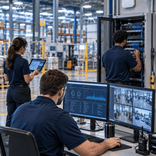 Personal técnico monitoreando infraestructura tecnológica en una nave industrial